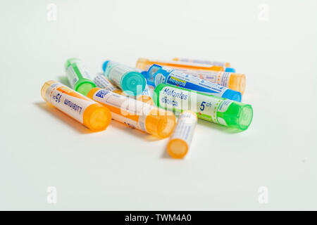 Homeopathic tubes: homeopathic granules, tubes from the Boiron laboratories Stock Photo