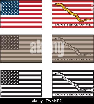 USA and Dont Tread On Me flag isolated vector illustration set in full color, desert camouflage tones, and black Stock Vector