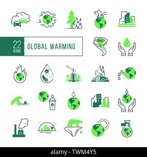 Colorful icon set of 22 pieces of vector icons isolated on a white background in a linear style on the theme of the effect of global pollution, bad ec Stock Vector