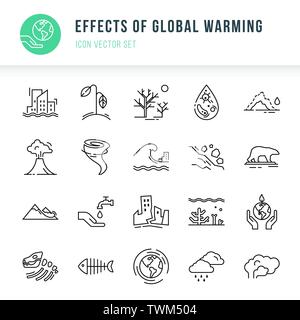 Icon set of 20 pieces of vector icons isolated on a white background in a linear style on the theme of the effect of global pollution, bad ecology, pr Stock Vector