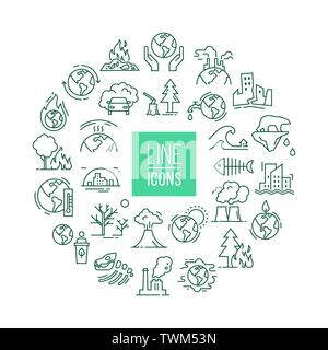 A circular concept from an iconic set of vector icons isolated on a white background in a linear style on the theme of the effect of global pollution, Stock Vector