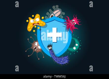 Immune system concept. Hygienic medical blue shield protecting from virus germ and bacteria. Flat vector illustration on dark background Stock Vector