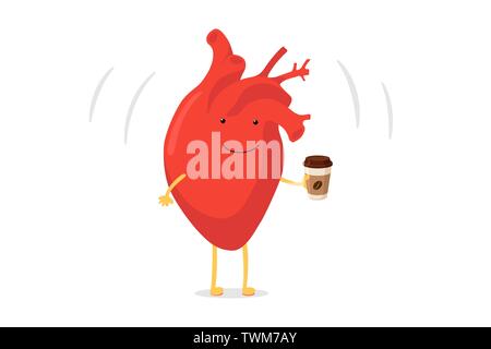 Cute cartoon smiling heart character holding coffee paper cup and happy emoji emotion. Vector circulatory organ have healthy vigorous heartbeat. Funny Stock Vector