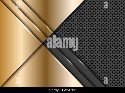 Abstract gold plate overlap on grey metallic circle mesh design modern futuristic background vector illustration. Stock Vector
