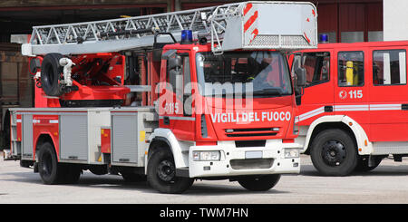 Rome, RM, Italy - May 23, 2019: red fire truck with text VIGILI DEL FUOCO that means Firemen in Italian language Stock Photo