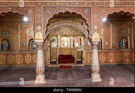 A close up of Anup Mahal of Junagarh Fort,Bikaner,Rajasthan,India which was actually a private audience hall.The intricate gold work is amazing. Stock Photo