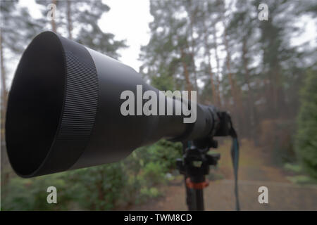 Long black zoom lens with focal length 150 mm to 600 mm on a mirrorless camera on a tripod, photography Stock Photo