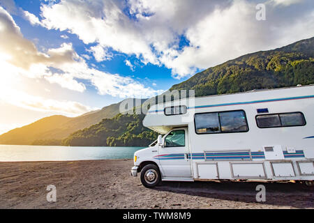 Motorhome in Chilean Argentine mountain Andes. Family trip travel vacation on Motorhome RV in Andes Stock Photo