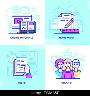 Online education - set of line design style colorful illustrations Stock Vector