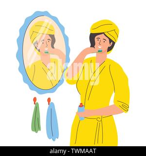 A woman brushing her teeth - colorful flat design style illustration Stock Vector