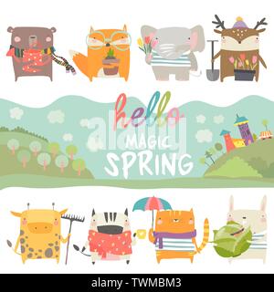 Set of cute animals with spring theme on white background Stock Vector