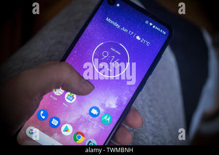Belgrade, Serbia – June 17th 2019: New Motorola One Vision Phone in a woman's hand Stock Photo