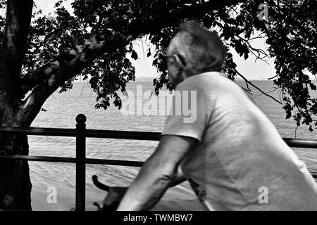 Bicycle man in outdoor park. Artistic look in black and white. Stock Photo