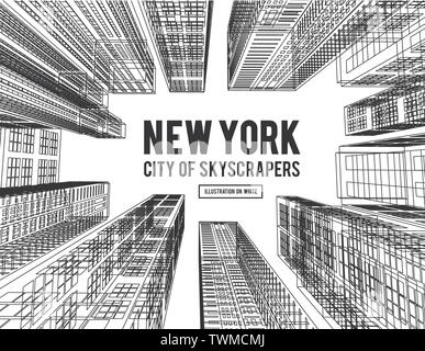 New York is a city of skyscrapers. Vector illustration in the drawing style on a white. View of the skyscrapers below Stock Vector