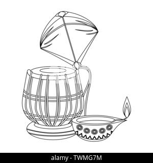 Indian tabla drum with kite and oil candle in black and white Stock Vector