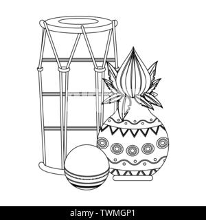 Indian tabla drums with lotus flower in black and white Stock Vector