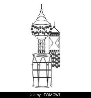 Indian tabla drums and paper lights in black and white Stock Vector