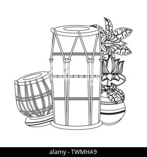 Indian tabla drums with lotus flower in black and white Stock Vector