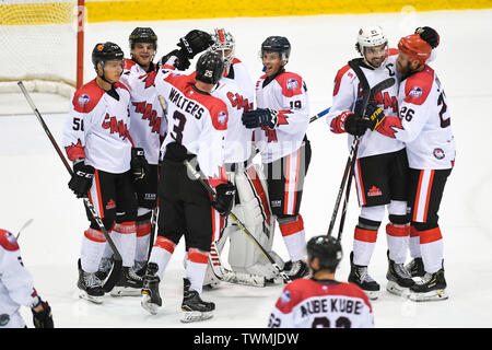 Melbourne, Victoria, Australia. 21st June 2019. 2019 Ice Hockey Classic, Canada versus USA; Canada players celebrate the win Credit: Action Plus Sports Images/Alamy Live News Stock Photo