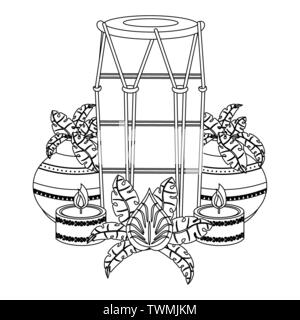 Indian tabla drum and plant pots with candles in black and white Stock Vector