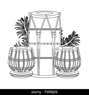 Indian tabla drums with leaves in black and white Stock Vector