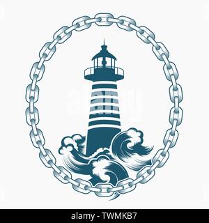 Vintage Lighthouse emblem drawn in Engraving style. Lighthouse and waves in circle of marine chains. Vector illustration. Stock Vector