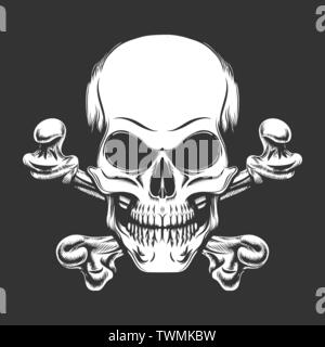 Human Skull with Crossed Bones drawn in Engraving style. Vector Illustration Stock Vector