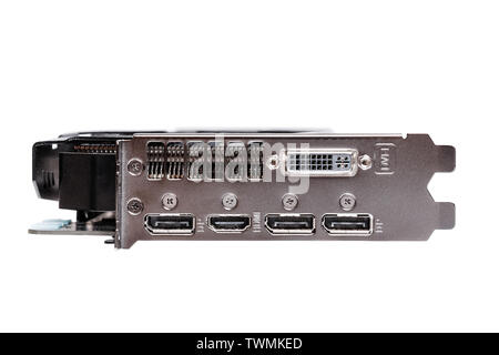 Professional gaming graphic card, connectors panel front view, isolated on white. Stock Photo