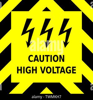 Seamless vector graphic of black upward pointing chevrons on a yellow background with the wording Caution High Voltage Stock Vector