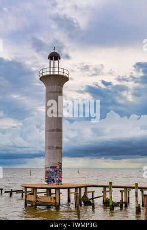 The Broadwater light was privately built in 1965 at the marina for the Broadwater Beach Hotel.  August 2005 Hurricane Katrina destroyed most of Biloxi Stock Photo