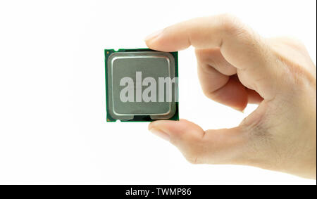 Realistic cpu back view processor chip in hand on white background Stock Photo