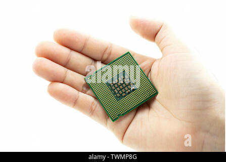 Realistic cpu back view processor chip in hand on white background Stock Photo