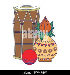 Indian tabla drums with lotus flower blue lines Stock Vector