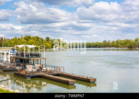 Danube river and floating Riverside Cafe with a beautiful view at Szentendre, Hungary Stock Photo