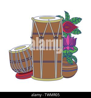 Indian tabla drums with lotus flower blue lines Stock Vector