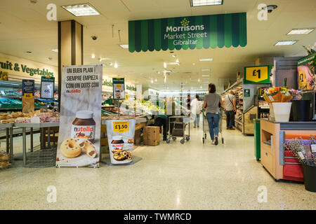 Morrisons Supermarket, Gibraltar.  Only store outside the UK with supplies delivered by 18 trucks taking 3 days for the journey. Stock Photo