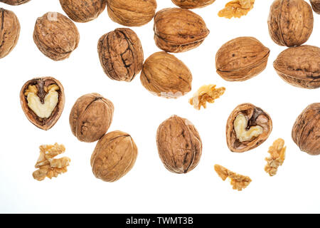Nuts (whole and open) falling. Isolated on white background. Stock Photo