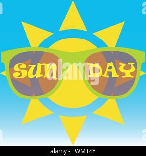 Sun wearing sunglasses with the text sun day written on them Stock Vector