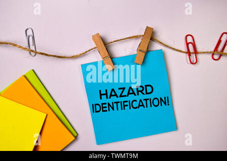 Hazard Identification! on sticky notes isolated on white background. Stock Photo