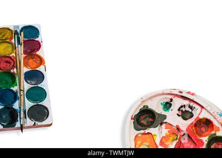 Painting Set: Brushes, Paints, Crayons, Chalk, Watercolor, Acrylic Paint On  A Wooden Background Stock Photo, Picture and Royalty Free Image. Image  48433805.