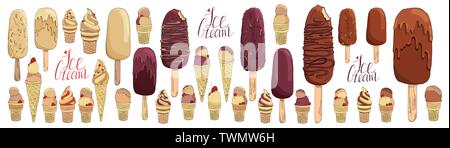 Set of hand drawn chocolate ice cream. Collection of isolated vector elements for labels, badges, stickers, icons. Used for bar, cafe, menu, ice cream Stock Vector