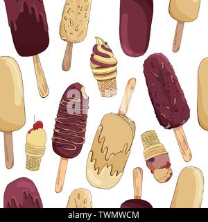 Vector seamless pattern. Endless textures with hand drawn chocolate ice cream and eskimo pie. Vector elements in dark chocolate beige creamy colors Stock Vector