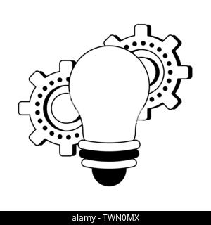 Bulb light and gears cartoons isolated in black and white Stock Vector