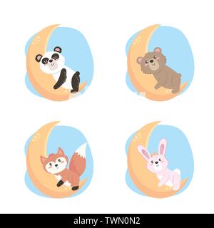 set of cute wild animals in the moon over white background vector illustration Stock Vector