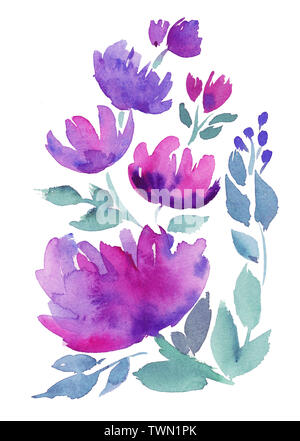 Hand drawing boho watercolor floral illustration with purple flowers, branches, leaves. Stock Photo