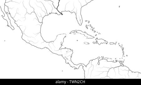 World Map of CENTRAL AMERICA and CARIBBEAN BASIN REGION: Mexico, Cuba, Guatemala, Yucatan, Caribbean Islands, Antilles, Bahamas, Panama Canal. Chart. Stock Photo