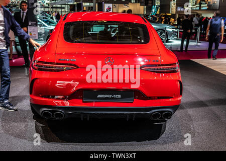 Paris, France, Oct 2018 red Mercedes-AMG GT 43 4MATIC+ Coupe 4 doors at Mondial Paris Motor Show, X290 produced by Mercedes Benz Stock Photo