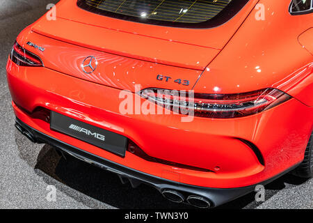 Paris, France, Oct 2018 red Mercedes-AMG GT 43 4MATIC+ Coupe 4 doors at Mondial Paris Motor Show, X290 produced by Mercedes Benz Stock Photo