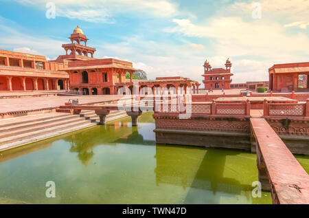 Fatehpur Sikri medieval fort city built in the year 1570 at Agra, India. View of Anup Talao a concert stage surrounded by water. Stock Photo