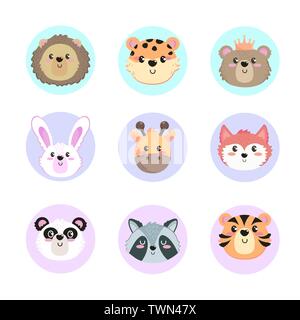 set of cute wild animals heads over white background vector illustration Stock Vector